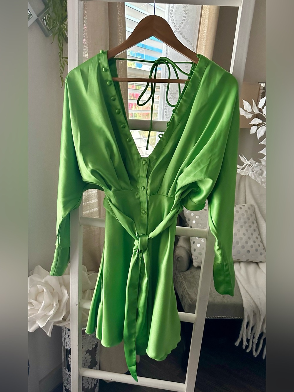 ASOS Satin Tie-Waist Mini Dress - Lime Green Size 4 - Picture 2 of 6